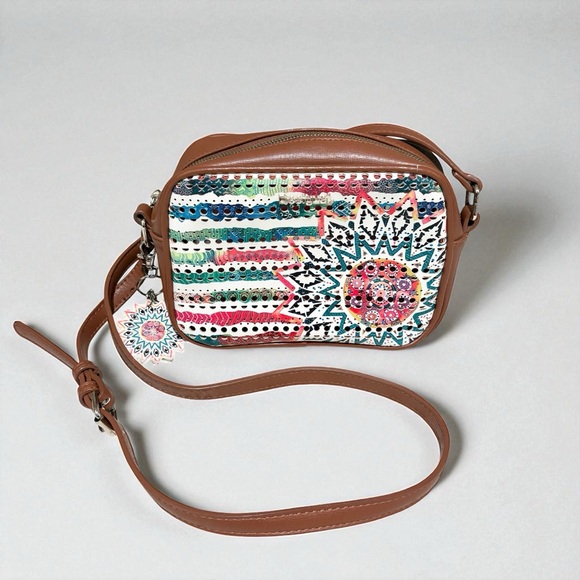 Desigual Charlotte Shoulder Bag Marine Print Perforated Brown Faux Leather Boho - Picture 1 of 15